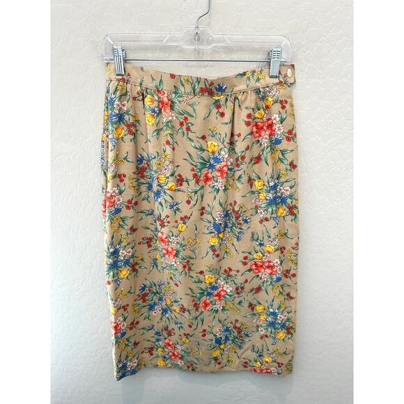 KORET | Tan Retro Vintage Cottage Floral Straight Midi Skirt | 10/ Fits Like A 4 - Picture 1 of 5